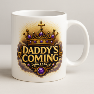 “Daddy’s Coming – Abba Father Mug” white